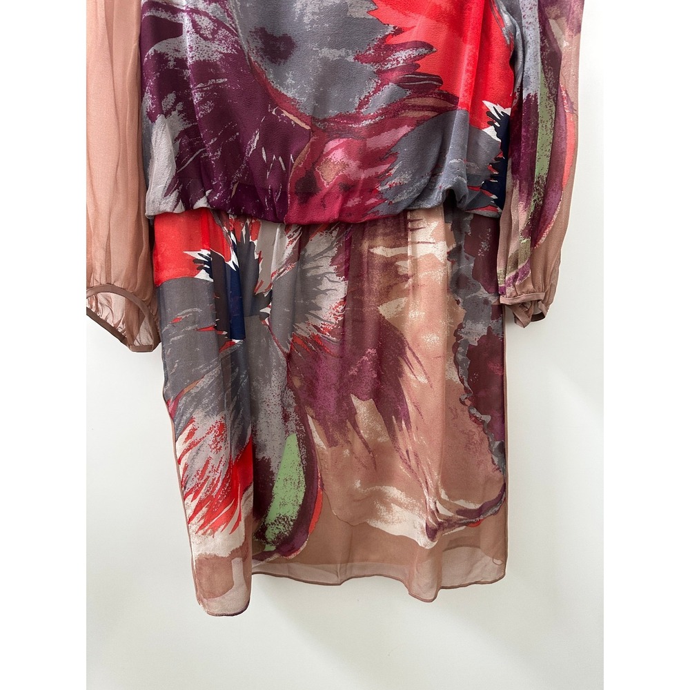 Tibi New York Silk Dress Size 8 Abstract Art Sheer Sleeve Lined Boho Blouson - Picture 5 of 16
